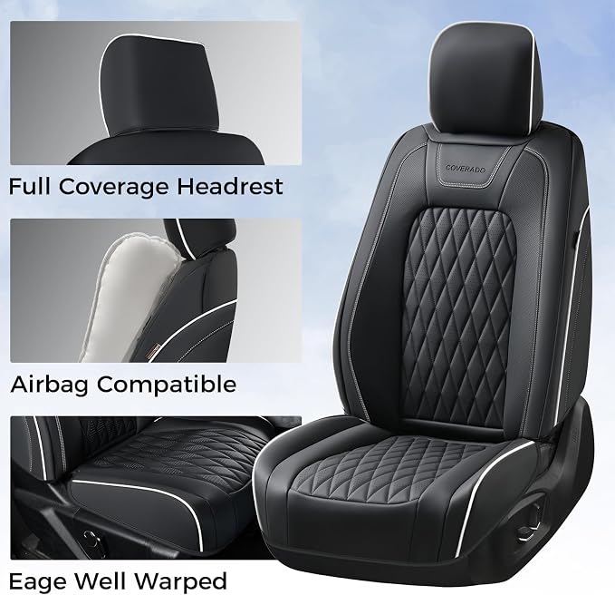 Coverado Premium Leather Front Seat Covers Waterproof Heavy-Duty Protectors Custom Fit for Ford F150 (2015-2026) F250/F350/F450 (2017-2026)-Black w/White Stitching, Wear-Resistant - Image 3