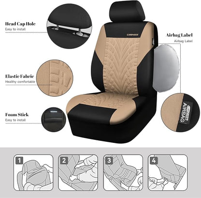 CAR PASS Car Seat Covers Full Sets, Front & Split Rear Bench for Car, 3D Tyre Embossed Automotive Interior Covers, Airbag Compatible, Quick Setup Universal Fit Seat Covers for Car, SUV(Black Beige) - Image 3