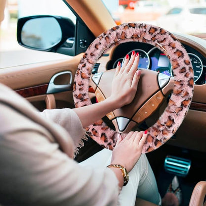 Accmor Fuzzy Steering Wheel Cover, Universal Fit Fur Car Wheel Cover & Handbrake Cover & Gear Shift Cover Set for Women Girls, Leopard Winter Warm Fluffy Vehicle Wheel Protector for Auto, SUV (Pink) - Image 6