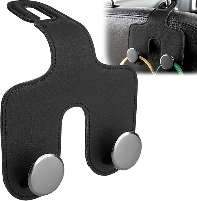 JESTOP Car Headrest Hook, Leather & Alloy Car Double Hanger Purse Hooks | Heavy Duty Car Hanger Storage Holder for Purses,Bags Handbag Coat Umbrella, Car Inside Accessories, Fits Most Vehicles by JESTOP