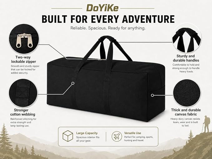 DoYiKe Canvas Travel Duffle Bag,Military Tent Duffel Storage Armygreen | Heavy Duty Gear Equipment Sports Camping Bag 60L - Image 4