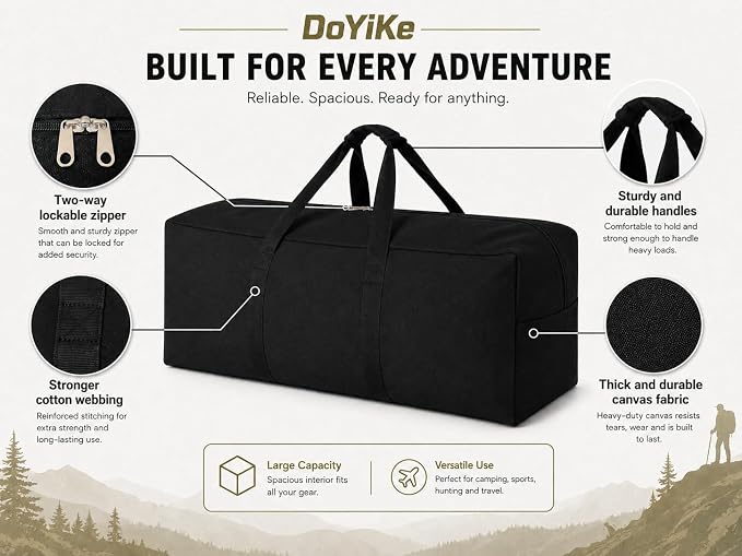 DoYiKe Extra Large Canvas Travel Duffle Bag Heavy Duty, Sports Duffel Military Camping Tent Storage 100L Armygreen - Image 4