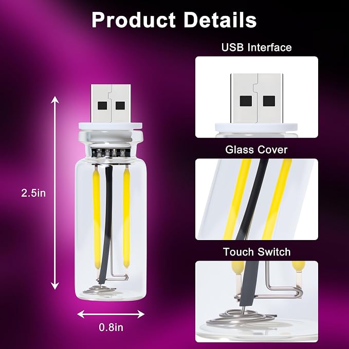 2 Packs USB Light for Car, Touch Dimmable Car Interior Ambient Lights - Portable Mini USB LED Light Bulb, Retro Glass Bottle Night Light for Vehicle, Bedroom, Hallway, Camping(Pink) - Image 5