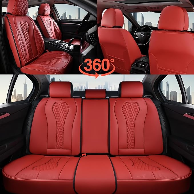 Coverado Seat Covers, Car Seat Covers Full Set, Red Car Seat Cover, Car Seat Covers Front Seats Back Seat Covers, Waterproof Car Seat Cushion, Leather Seat Protector Universal Fit Most Cars - Image 2