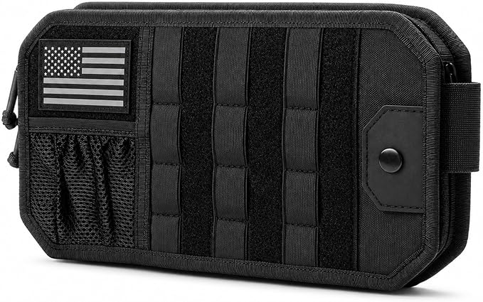 Molle Car Sun Visor Organizer,Car Accessories with Zipper Visor Storage Pouch&Glasses Clip&Adjustable Straps, Semi-Rigid Molle Panel for Tactical Gears, Fits Most Vehicles, SUVs (Black) by Unknown