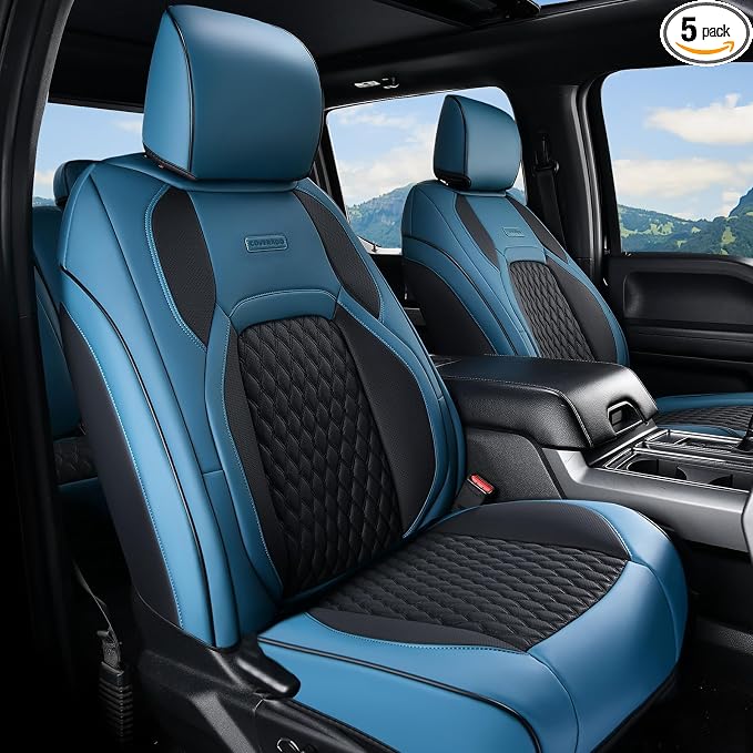 Coverado Chevy Chevrolet Silverado GMC Sierra Seat Covers Full Set, Fit for 2007-2013 & 2019-2026 1500, 2020-2026 2500HD 3500HD Crew Double Extended Cab, Faux Waterproof Leather Seat Covers (Blue) by COVERADOAUTO