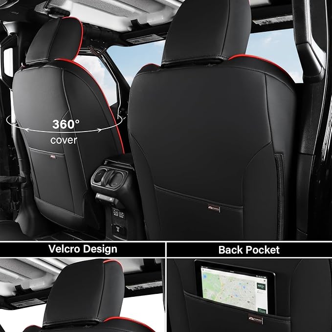 Coverado Seat Covers 4 Door for Jeep Wrangler, 2PCS Leather Car Seat Cover for Jeep Wrangler Vehicle Accessories Custom Fit for 2018-2026 Jeep Wrangler Seat Covers 2-Door/4-Door(Red) - Image 2