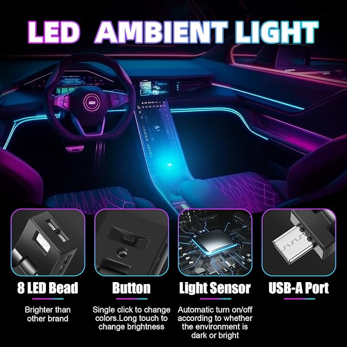 Frienda 2 Pcs Mini USB Light Car LED Interior Light, Manual Switch USB-A | 5v RGB Foldable Lighting, Adjustable 8 Color and Brightness, Smart USB Night Lamp for Cars Laptop Keyboard - Image 2