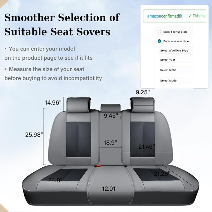 Coverado Car Seat Covers, Rear Seat Covers Leather Car Seat Covers Waterproof Back Seat Cover for Cars, 3-Pieces Seat Covers Backseat Universal Seat Cushion Protector for Most Cars Trucks, Gray&Black - Image 3