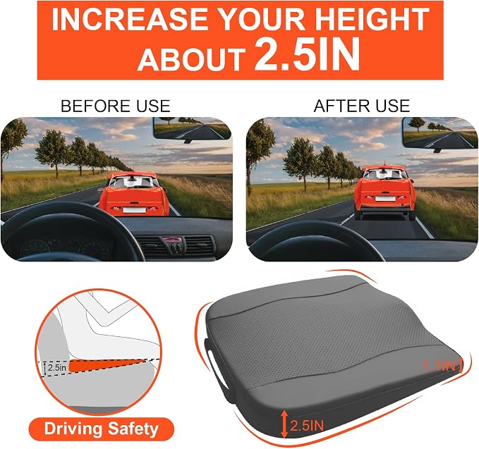 Lofty Aim Car Seat Cushion, Memory Foam Car Seat Cushions for Long Driving | Driver Seat Cushion Adds Height, Auto Seat Pillow for Sciatica Pain Relief, Butt Cushion for Car, Truck, PU Leather Gray - Image 4