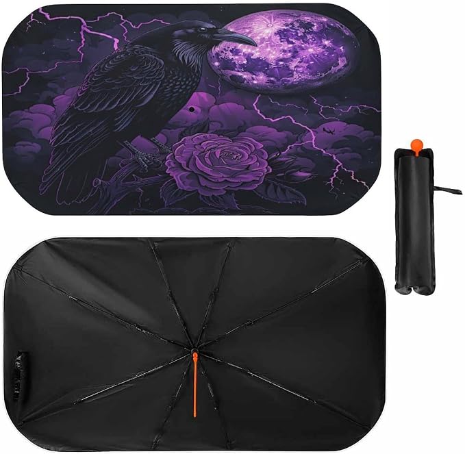 Gothic Black Crow Purple Full Moon Car Windshield Sun Shade Foldable Umbrella Auto Sunshade for Car Truck SUV-Blocks Sun Visor Protector-Keeps Your Vehicle Cool by Foruidea