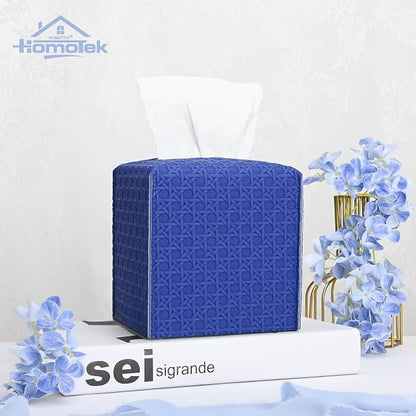 HOMOTEK 2 Pack Tissue Box Cover, Square PU Leather Tissue Holder, Decorative Facial Tissue Cube Paper Organizer Dispenser for Bathroom, Night Stands, Desk, Car 5X5X5'' - Rattan Weave,Blue - Image 3
