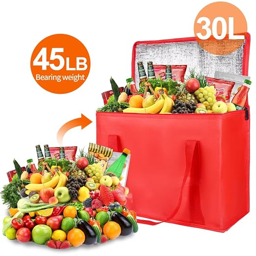 Bodaon 2-Pack Insulated Reusable Grocery Bag with Secure Top, X-Large Insulated Food/Pizza Delivery Bag, Frozen Foods Cold, Cooler Shopping Bags, Red - Image 4