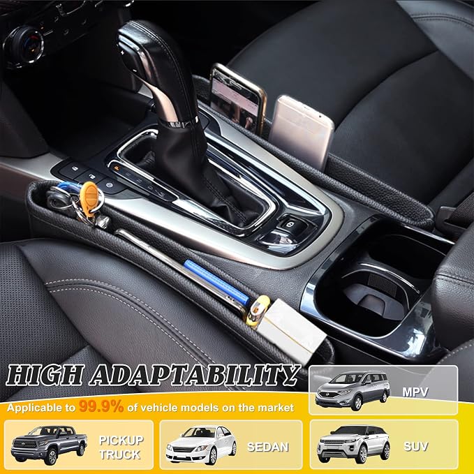2 Pack Update Car Seat Gap Filler Organizer Leather Console Storage Box Front Side Pocket Seats Organizers Filler Interior Car Accessories for Phone Wallet Coin Key Sunglasses (Black) - Image 7