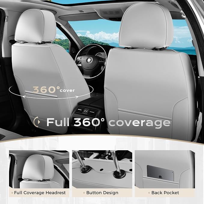 Coverado Universal Car Seat Covers Full Set, Luxury Stain-Resistant Waterproof Faux Leather Front & Rear Seat Protectors, Elegant Easy-Clean Automotive Interior – WhiteBlack - Image 2