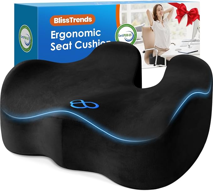 BlissTrends Extra Thick Seat Cushion for Office Chair & Car Seat, Black | XX-Large Tailbone & Sciatica Relief, Ergonomic Support, High-Density Memory Foam, Comfort for Extended Sitting by BlissTrends