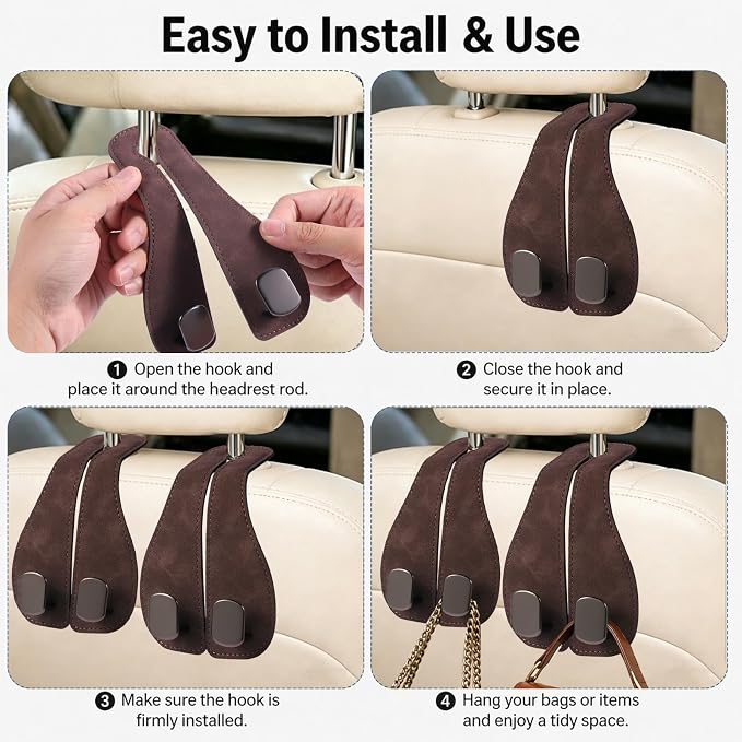 Car Seat Headrest Hook 2 Pack, Upgraded Metal Core with Soft Suede Wrap, 360° Rotating Car Backseat Hook Holder for Purses, Groceries, Coffee, 33 lbs Capacity, Universal Fit for Most Vehicles (brown) - Image 4