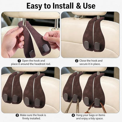 Car Seat Headrest Hook 2 Pack, Upgraded Metal Core with Soft Suede Wrap, 360° Rotating Car Backseat Hook Holder for Purses, Groceries, Coffee, 33 lbs Capacity, Universal Fit for Most Vehicles (brown) - Image 4