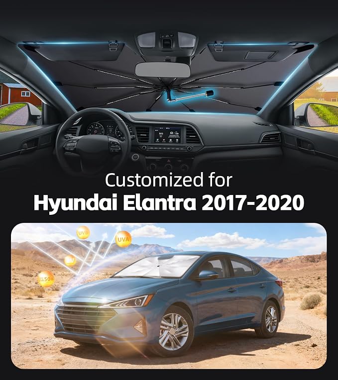 Windshield Sun Shade for Hyundai Elantra 2017-2020 with 360° Rotating Shaft | Custom Fit Umbrella Sunshade for UV Blocking, Interior Heat Protection, Easy Storage, UPF 50+ Cool Windshield Cover - Image 2