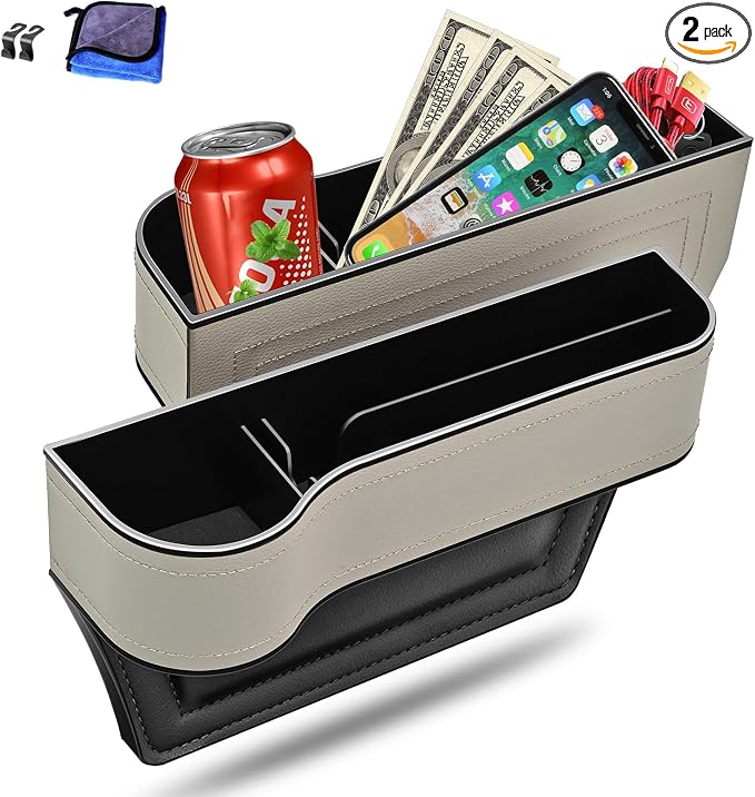Car Seat Gap Filler Organizer, 2 Pack Multifunctional Car Seat Organizer, Auto Console Side Storage Box with Cup Holders 2 Seat Hooks for Drink, Car Organizer Front Seat for Holding Phone, Sunglasses by jiaji