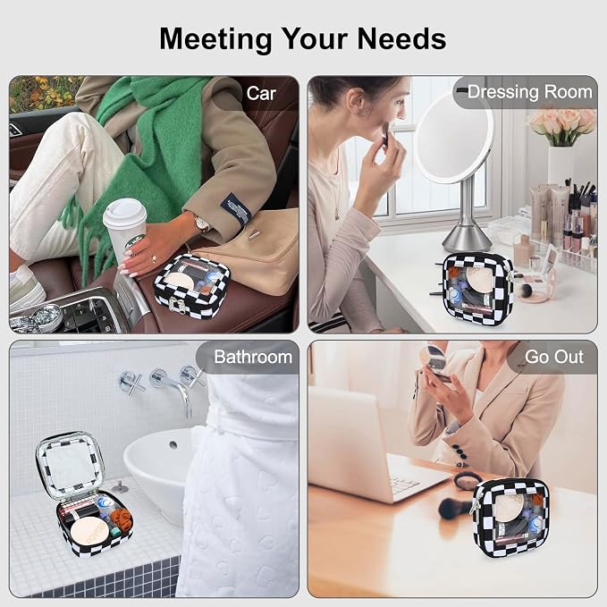 DOB SECHS Mini Checkered Bag for Purse 5.1'' x 5.1'' Small Makeup Bag for Car Cute Clear Cosmetic Bags with Zippers, Tiny Toiletry Bag Lipstick Pouch Organizer Case Travel Essentials Storage Pouches - Image 7