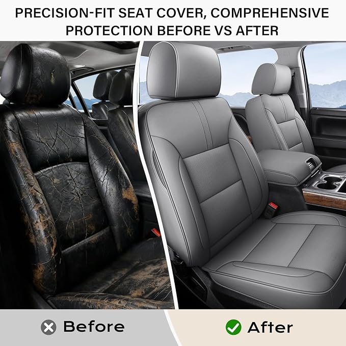 Coverado Chevy Silverado Seat Covers, Faux Leather Seat Covers Fit for Chevy Silverado GMC Sierra 2007-2026 1500, 2015-2026 2500HD 3500HD Crew Double Extended Cab (Front,Gray) - Image 3