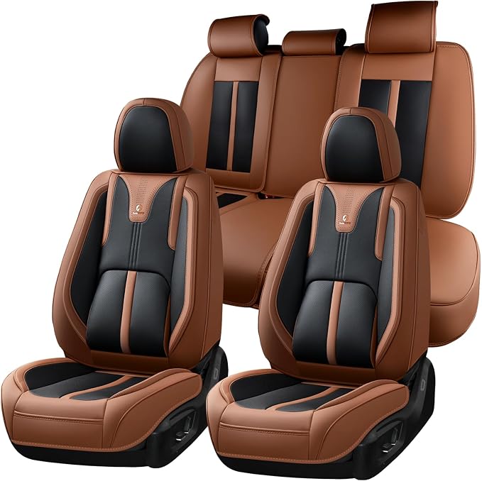 Huidasource Seat Covers Luxury Nappa Leather, Car Seat Covers Full Set with Velcro Adjustable, Airbag, Lumbar Support, Cooling＆Heating, Brown Car Seat Cover Fit for Most Cars SUV Trucks, Brown＆Black by Huidasource