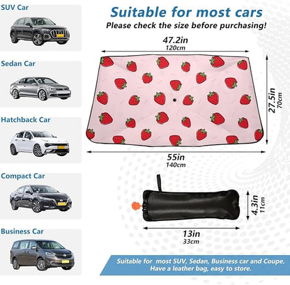 Cute Strawberry Pink Windshield Sun Shade Umbrella Foldable Car Front Window Sunshade Blocks UV Rays Heat Keep Vehicle Cool (55" x 27.5") - Image 5