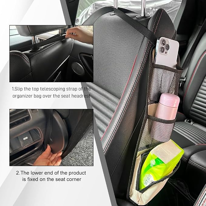 2PCS Car Seat Side Organizer, Seat Side Storage Pocket, Multifunctional Mesh Net Pocket, Car Multi-Pockets Backseat Organizer Side Hanging Bag for Storage Coins, Cell Phones (Beige, 2PCS) - Image 3