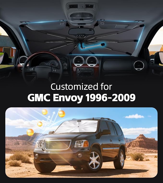 Windshield Sun Shade for GMC Envoy 1996-2009 with 360° Rotating Shaft | Custom Fit Umbrella Sunshade for UV Blocking, Interior Heat Protection, Easy Storage, UPF 50+ Cool Windshield Cover - Image 2