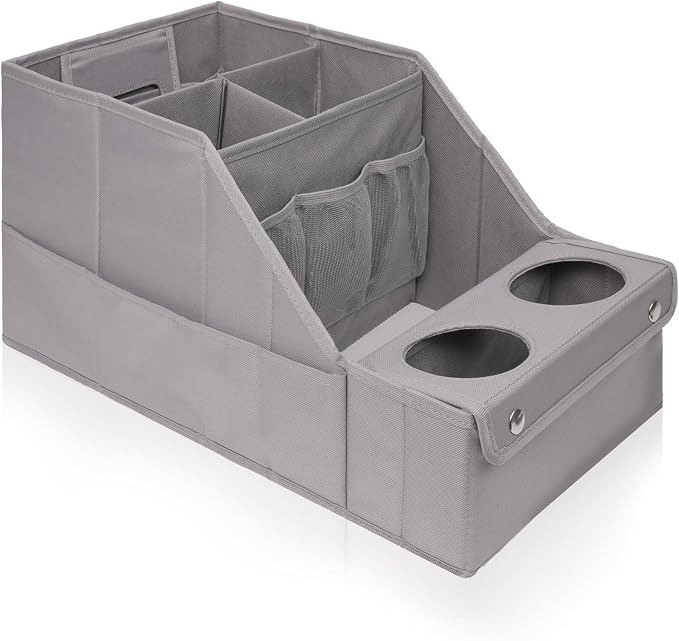 MULISOFT Car Backseat Organizer with 11 Pockets & 2 Cup Holders, Pure Gray | Made from durable Oxford fabric with a waterproof surface, anti-slip buckles, and a foldable design for easy storage. by MULISOFT