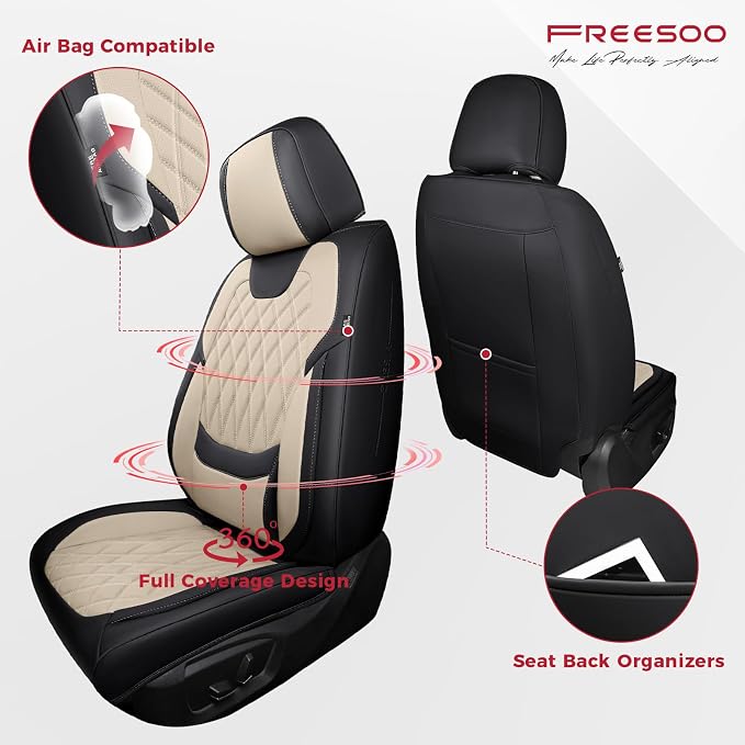 FREESOO Front Seat Covers Faux Leather Waterproof Universal Fit Black Beige | faux leather front seat covers, breathable waterproof, lumbar support, universal fit sedans hatchbacks pickups - Image 2