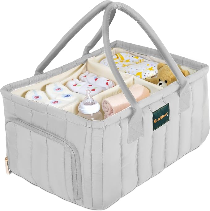 Large Diaper Caddy Organizer with Handle – Baby Basket for Nursery, Car, and Changing Table – Portable Baby Storage with Compartments – Perfect for New Parents and Baby Shower Gifts (Gray) by ElegHaunt