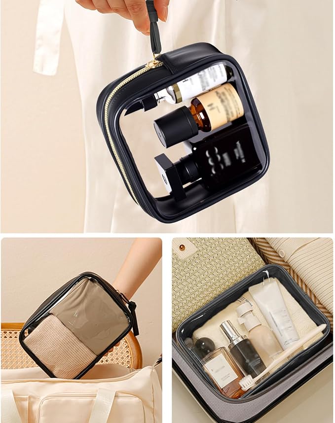 3Pcs Travel Clear Makeup Bag Set for Women, Transparent Toiletry Bag with Zipper Portable Makeup Pouch Organizer Waterproof Small Cosmetic Bag Compact Car Bag Organizer Car Accessories (Black Set) - Image 3