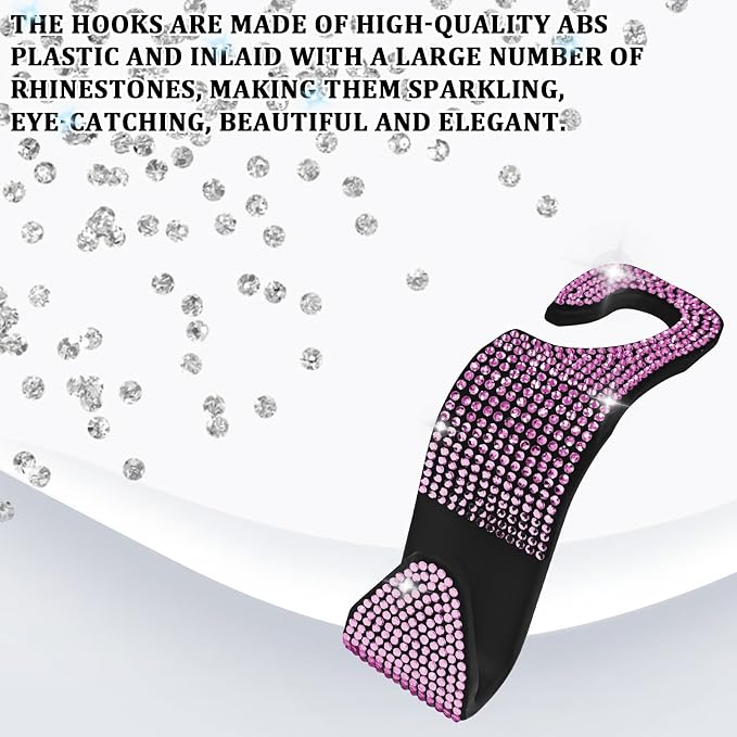 Bling Car Seat Headrest Hooks Pink Car Accessories for Women Crystal Rhinestone Auto Seat Back Hanger Storage Organizer for Purse Handbag Coat Grocery Bag, Universal Purse Hook for SUV Truck-4PCS - Image 3