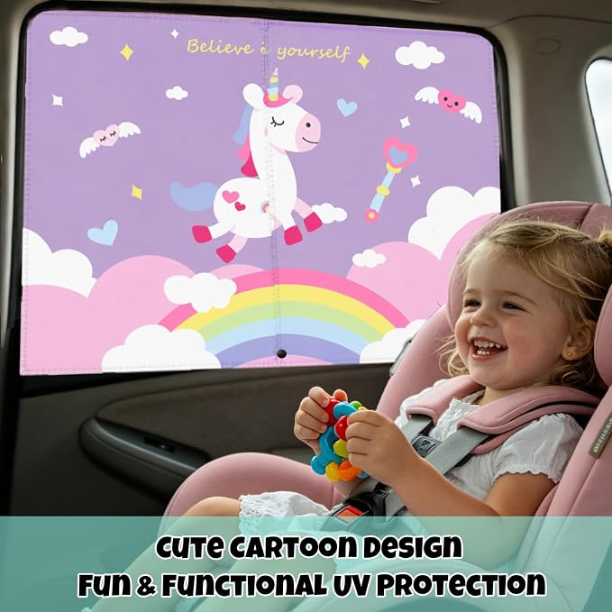 Car Window Shade for Baby, 2 Pack Magnetic Double Layer Cute Unicorn Car Shades for Side Windows, Adjustable Privacy Blackout/See-Through Window Curtains for Baby Kids UV Protection - Image 2