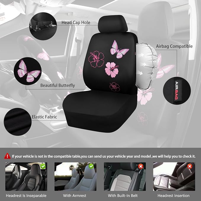 CAR PASS Universal Cloth Butterfly Car Seat Covers Full Set, Embroidered Flower Waterproof Car Floor Mats Carpet, Butterflies Steering Wheel Cover for Car Accessories Interior Sets (Black and Pink) - Image 5
