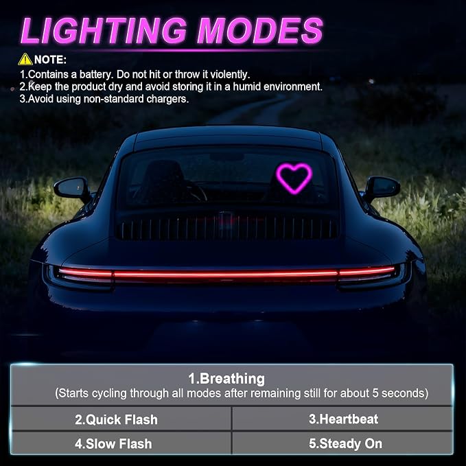 iFunyLED Heart-Shaped Solar Powered Car LED Interior Ambient Light, Wireless Lamp with 5 Lighting Modes, Dual Charging & Dual Sensor Design, Cute Car Accessories Gift for Women, Pack of 1 (Pink) - Image 5