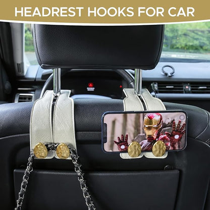 Leather Car Purse Hook for Headrest, 4 Pack (White-Gold) | Twin Hooks Headrest Hangers, 2/4 Pack, No-Slip, Scratch-Proof, Holds Purses, Backpacks, Grocery Bags, Car Organizer Gift - Image 3
