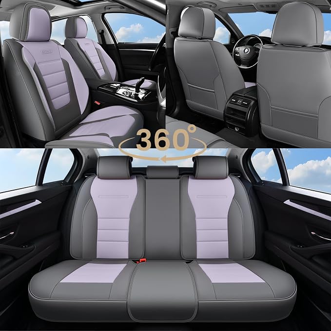 Coverado Car Seat Covers Full Set, Nappa Leather Seat Covers for Cars, Car Seat Protector Car Seat Cushion, Front and Back Seat Protectors Cushions Universal Fit for Most Cars Vehicles(Gray&Purple) - Image 8