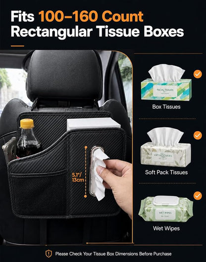 Car Tissue Holder, Leather Back Seat Organizer with Cup Holder & 2 Hooks | | Fits 100-160 Count Tissue Boxes, Keeps Drinks & Small Items Within Reach,3 Storage Pockets, Secure Headrest Mount - Image 4