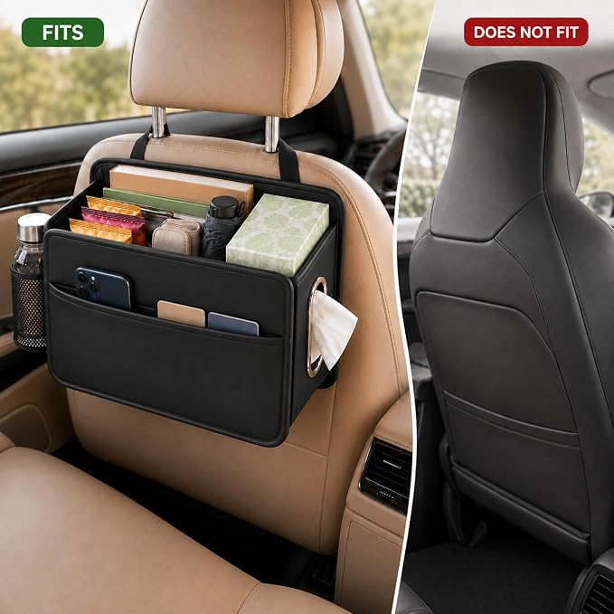 Noaman Upgraded Large Car Seat Storage Organizer with Tissue holder | PU Leather Backseat Car Organizer 3 in 1 Car Trash Bag Can 11.25 Liters Large Capacity Car Essentials Accessories Black - Image 6