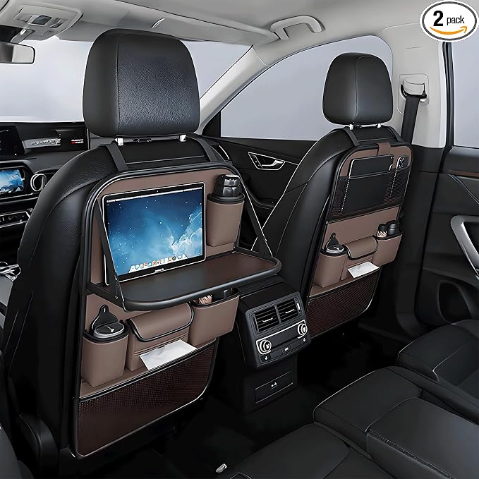 2 Pack Universal Foldable Car Backseat Organizer with Table Tray, Car Seat Back Protector with Touch Screen Phone Holder, Premium Leather Kick Mats with Storage Pockets Tissue Holder (Brown) by FASTAGEI