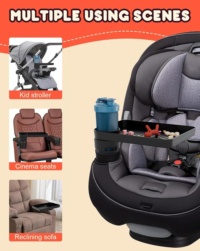 SEVEN SPARTA Car Seat Tray for Kids Fit 2.8"-3.2"Cup Holders for Snack, Toy | 360° Rotatable and Removable Cup Holder Snack Tray for Food Color and Play for Family Road Trip Essentials, 2, Standard Base - Image 5