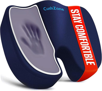 CushZone XXL Memory Foam Seat Cushion for Office & Car, Blue | U-shaped Coccyx Cutout, Contoured Design, Breathable Removable Mesh Cover, Non-Slip Base, Carry Handle by CushZone