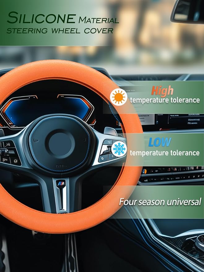 LRITER Car Steering Wheel Cover, Non-Slip Silicone Material, Orange | Multiple Color Choices, Universal Auto Parts Steering Wheel Cover, Suitable for Most Cars - Image 3