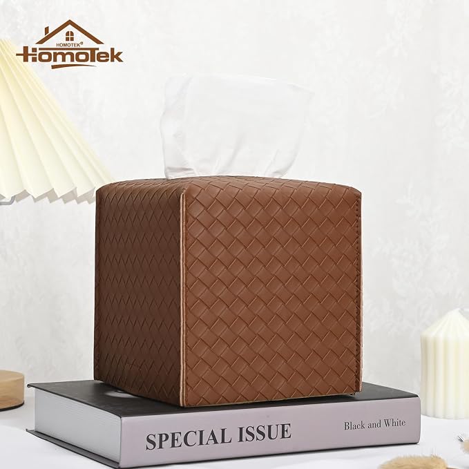 HOMOTEK 2 Pack Tissue Box Cover, Square PU Leather Tissue Holder, Decorative Facial Tissue Cube Paper Organizer Dispenser for Bathroom, Night Stands, Desk, Car 5X5X5'' - Woven Waffle,Chocolate - Image 5