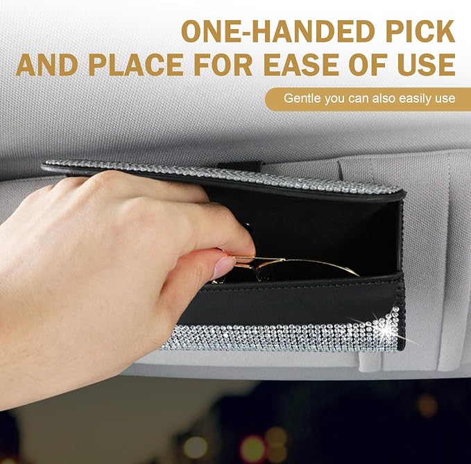 Bling Sunglasses Holder for Car Sun Visor, Rhinestone Auto Eyeglasses Mount Clip Organizer, Leather Sunvisor Sunglasses Storage Case, Universal Glasses Holder Clips for SUV, Sedan, Van (AB) - Image 3