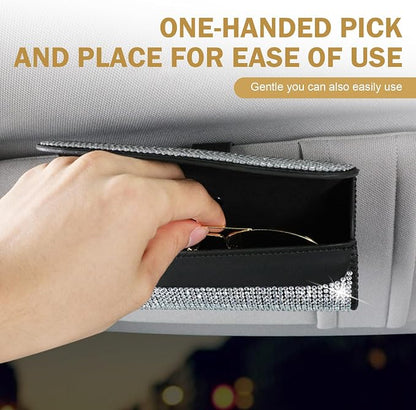 Bling Sunglasses Holder for Car Sun Visor, Rhinestone Auto Eyeglasses Mount Clip Organizer, Leather Sunvisor Sunglasses Storage Case, Universal Glasses Holder Clips for SUV, Sedan, Van (AB) - Image 3