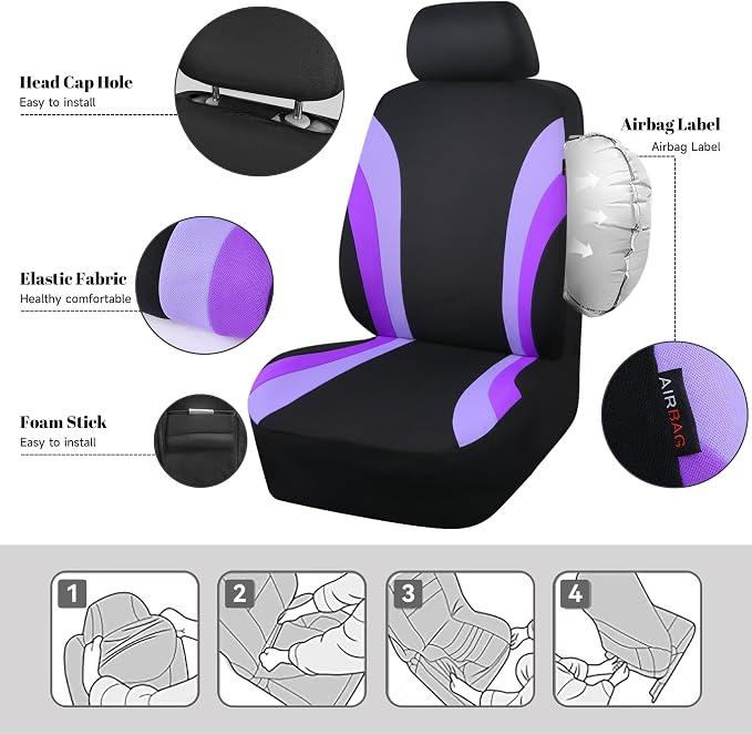 CAR PASS Line Rider Sporty Front Seat Covers,Purple Car Seat Covers Two Front Seats Only for Cute Women Girl, Airbag Compatible,Universal Fit Sedans,Cars,Vans,SUV,Truck(Black and Purple) - Image 3